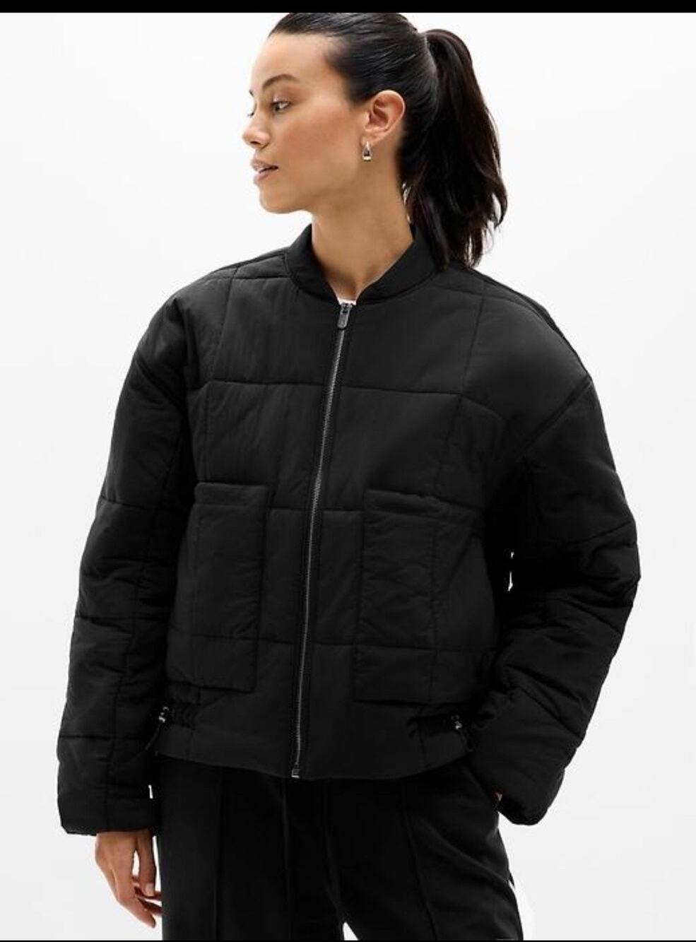 Athleta Evergreen Jacket Black Oversized Quilted Cinch Hem Large